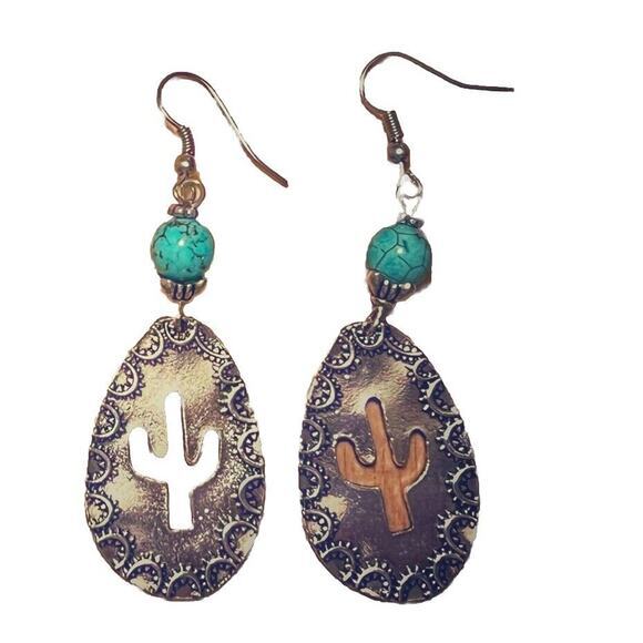 Silver Tone Earrings with Turquoise‎ Bead Teardrop Oval Shaped with Cactus - Picture 1 of 4